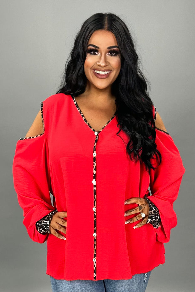 46 OS {Leopard Defined} Red Cold Shoulder Top PLUS SIZE XL 2X 3X
