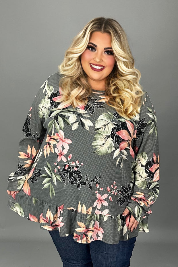 51 PLS {Cafe Cutie} Charcoal Floral Waffle Knit Ruffle Hem Top EXTENDED PLUS SIZE 4X 5X 6X