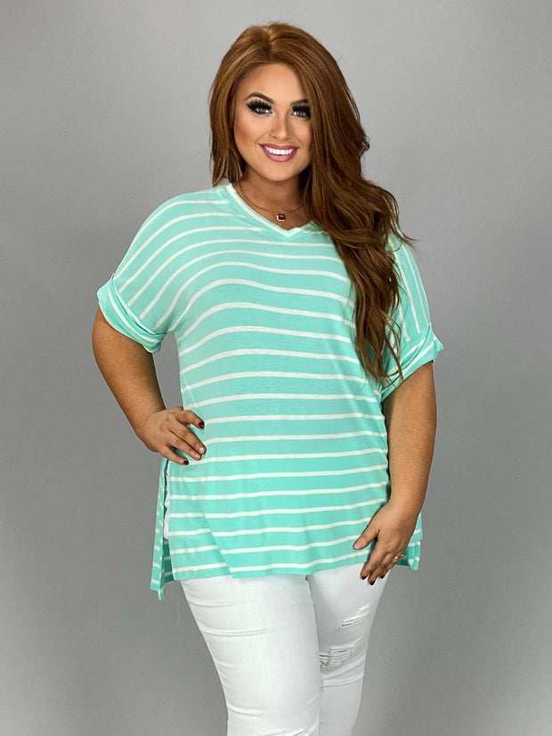 63 PSS-E {Good Energy} Mint Striped Top Cuffed Sleeves PLUS SIZE XL 2X 3X