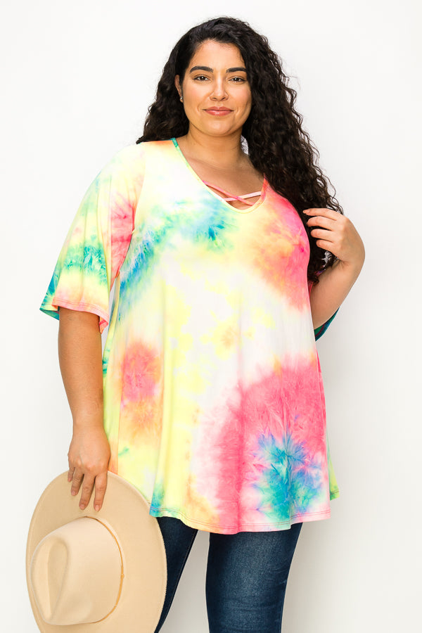 47 PSS {Changing My Mind} Yellow/Pink Tie Dye Criss Cross Top EXTENDED PLUS SIZE 4X 5X 6X