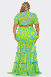 LD-O {Selfie Moment} Blue/Green Floral Smocked Skirt Set PLUS SIZE 1X 2X 3X