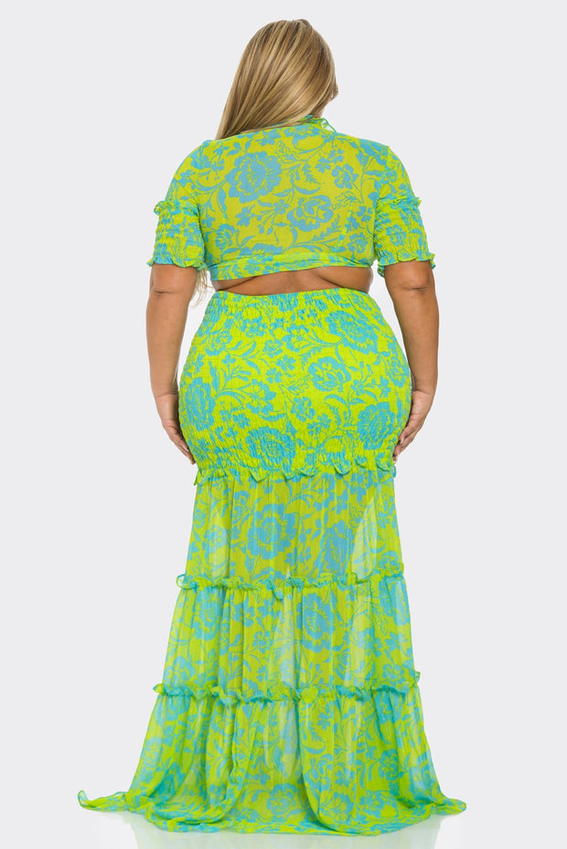 LD-O {Selfie Moment} Blue/Green Floral Smocked Skirt Set PLUS SIZE 1X 2X 3X