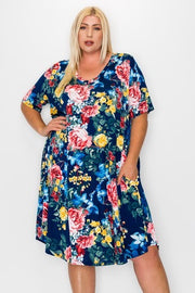 11 PSS {Love Like Mine} Navy Floral Print V-Neck Dress EXTENDED PLUS SIZE 3X 4X 5X