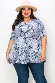 61 PSS {New Focus} Navy Embossed Floral Print Top EXTENDED PLUS SIZE 3X 4X 5X