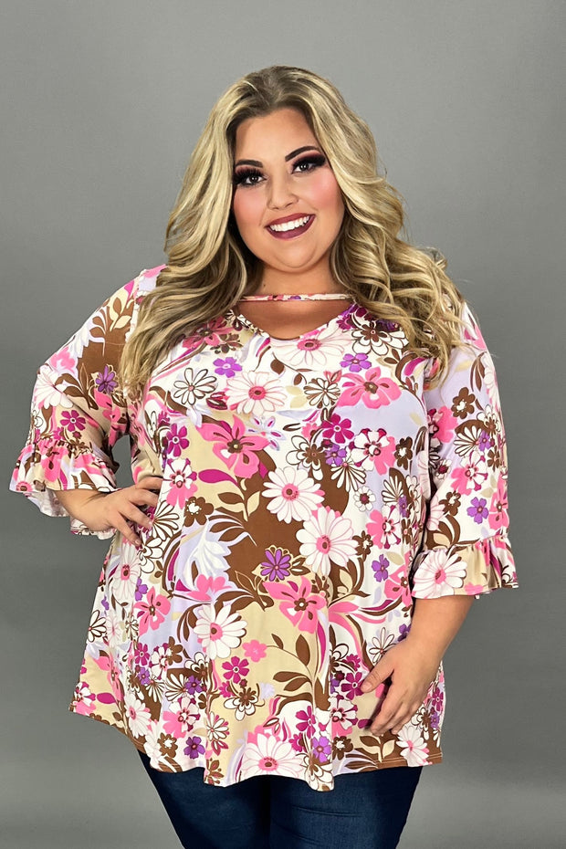 52 PQ-Q {Let It Be Now} Mocha/Pink Floral V-Neck Top CURVY BRAND!!! EXTENDED PLUS SIZE 4X 5X 6X