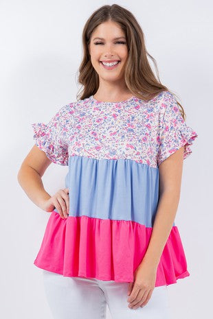 74 CP {No One Cuter} Blue/Pink Floral Tiered Top PLUS SIZE 1X 2X 3X