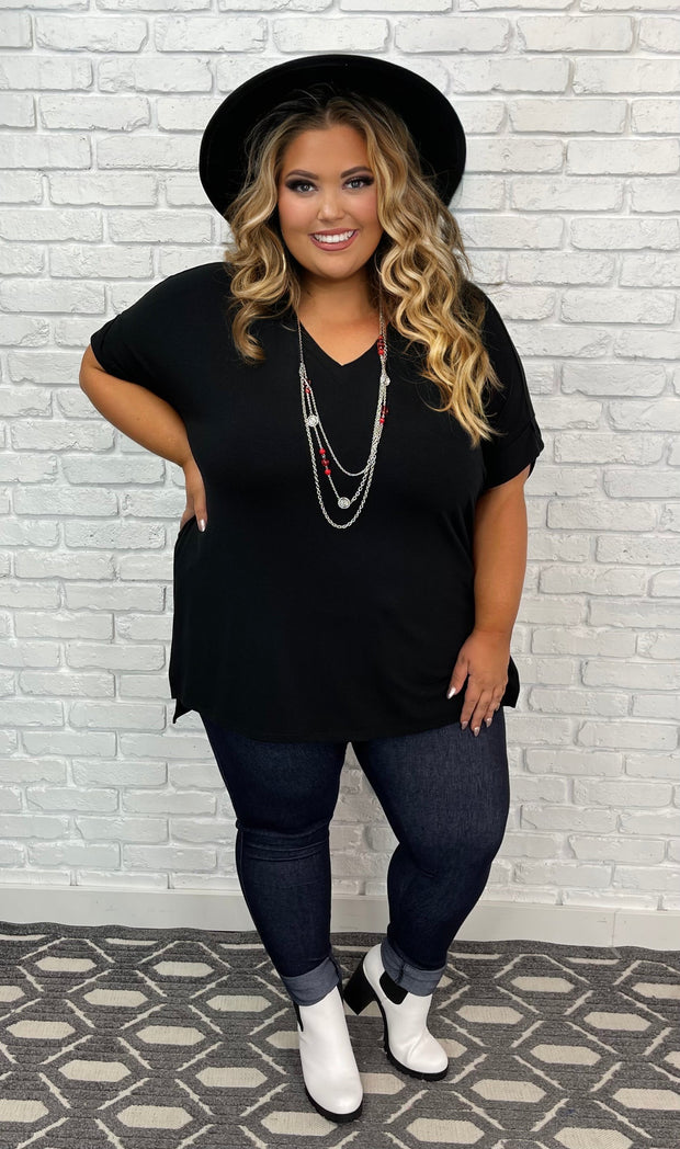 72 SSS-G {Up Your Game} Black SALE! V-Neck Tunic W/Side Slits Plus Size 1X 2X 3X