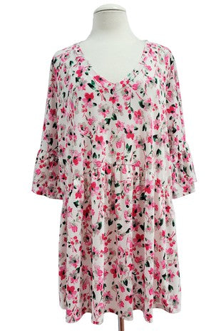 61 PSS {Happy Life} Pink Floral Babydoll V-Neck Tunic EXTENDED PLUS SIZE 3X 4X 5X