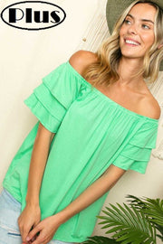 76 OS {Here For You} Mint Off Shoulder Ruffle Sleeve Top PLUS SIZE 1X 2X 3X