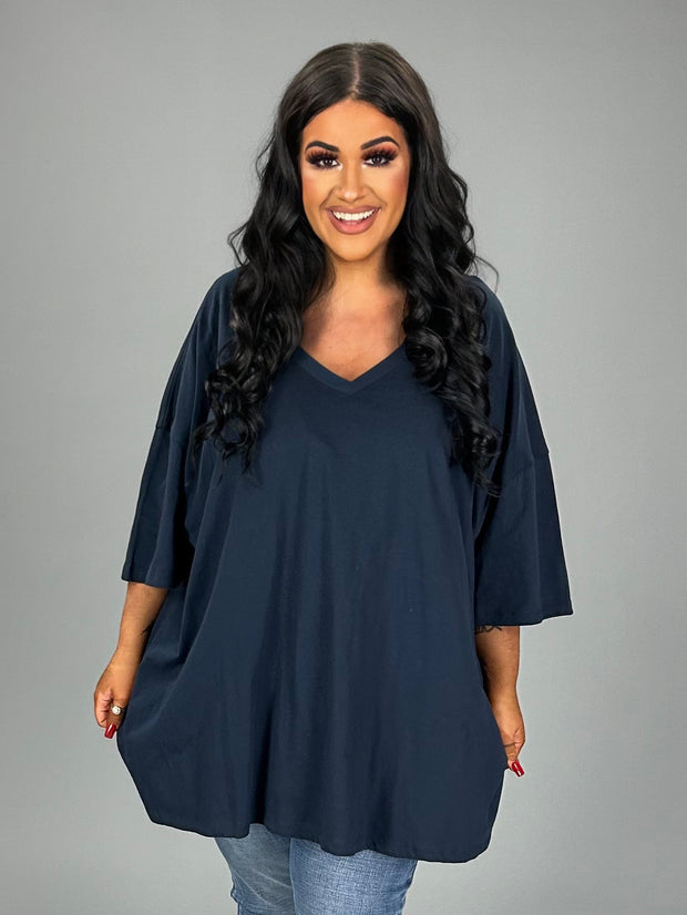 46 SSS-B {Charm Me} Dark Navy Oversized V-Neck Top PLUS SIZE 1X 2X 3X