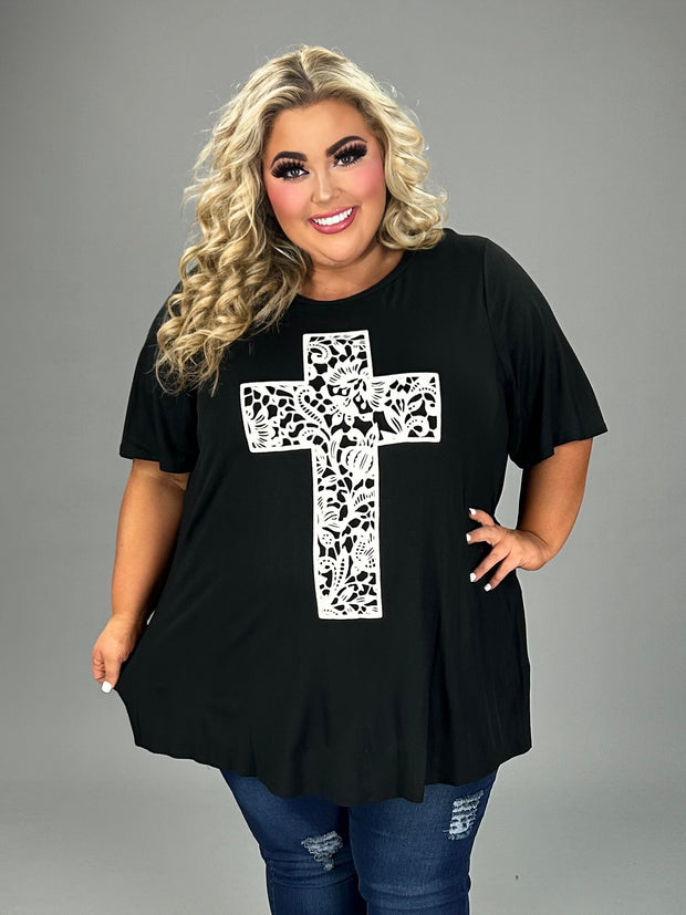 98 GT-A {In The Cross Is Life} Black Tunic w/Ivory Cross CURVY BRAND!!!  EXTENDED PLUS SIZE XL 2X 3X 4X 5X 6X (May Size Down 1 Size)
