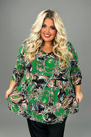71 PSS {Caught You Looking} Green Paisley Babydoll V-Neck Top EXTENDED PLUS SIZE 1X 2X 3X 4X 5X