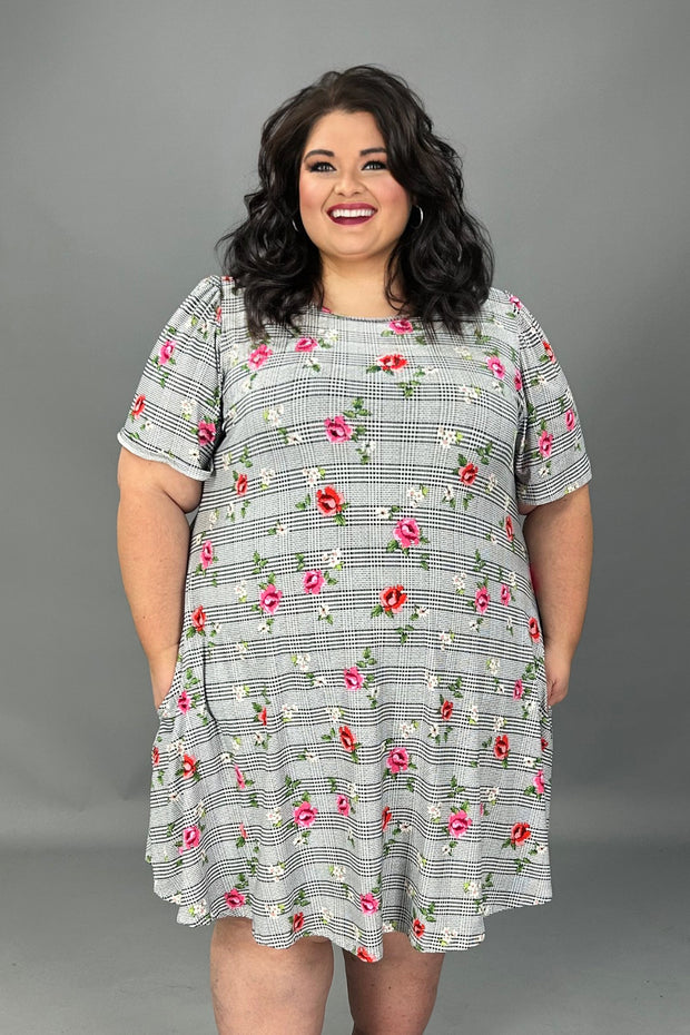 30 PSS-F {Basket of Roses} Checkered w Roses Print EXTENDED PLUS SIZE 3X 4X 5X