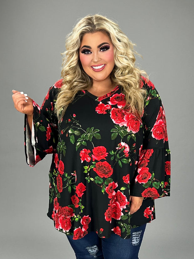 43 PQ {Prize Roses} Black/Red Rose Print V-Neck Top EXTENDED PLUS SIZE 3X 4X 5X