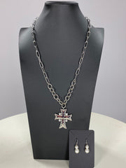 NECKLACE SET {Cross & Pearl} Silver Cross Necklace & Earrings