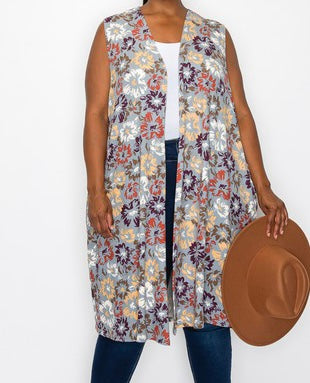 74 OT {Falling Into Fashion} Grey Floral Long Vest w/Pockets CURVY BRAND!!!  EXTENDED PLUS SIZE 4X 5X 6X (May Size Down 1 Size)