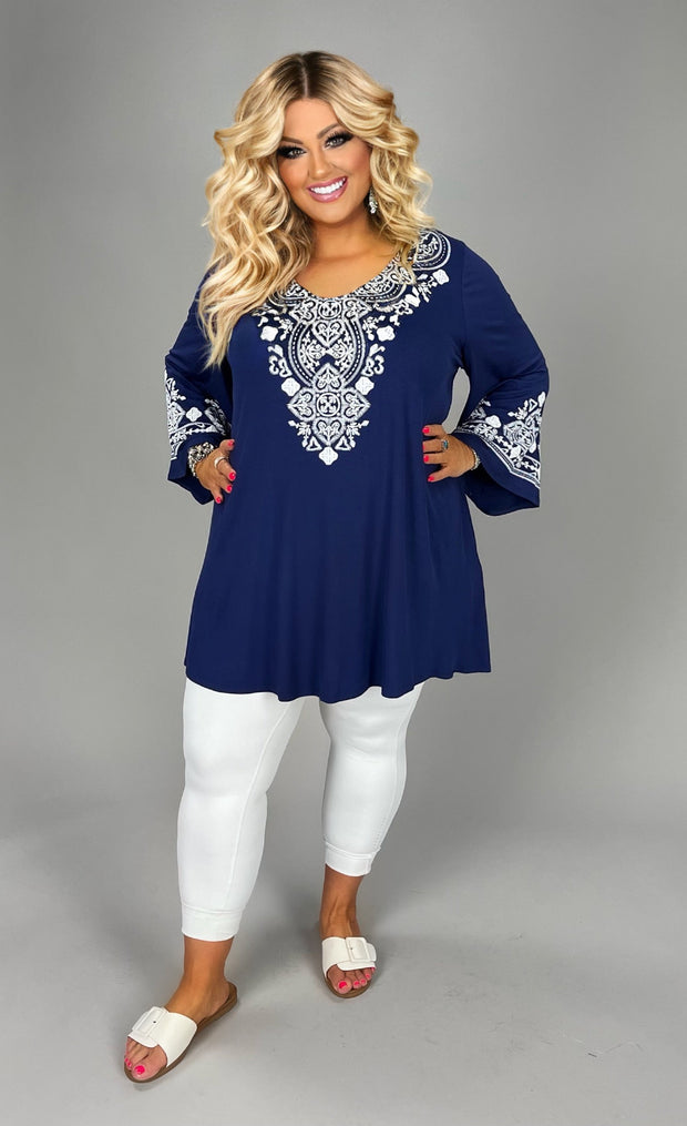 61 SD {Classy Beauty} Navy V-Neck Embossed Tunic PLUS SIZE XL 2X 3X 4X 5X 6X