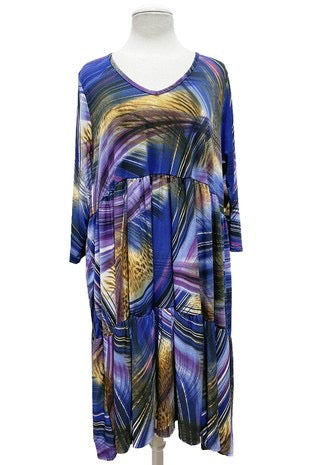 26 PQ {Always On Time} Blue Mixed Print V-Neck Tiered Dress PLUS SIZE 1X 2X 3X