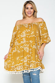 23 OS {Wish You Well} Mustard Off Shoulder Paisley Top w/Fringe PLUS SIZE 1X 2X 3X