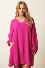 47 SQ {Taking Charge} Magenta V-Neck Bubble Sleeve Dress PLUS SIZE XL 1X 2X