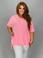 91 SSS-D {You Deserve This} Bright Pink V-Neck Oversized Top PLUS SIZE 1X 2X 3X