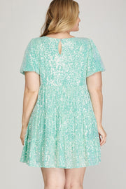 27 SSS {Not Playing Anymore} Aqua Sequin Tiered Lined Dress PLUS SIZE XL 1X 2X