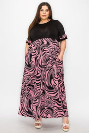 LD-P {Curvy Persona} Black/Pink Swirl Print Maxi Dress EXTENDED PLUS SIZE 3X 4X 5X
