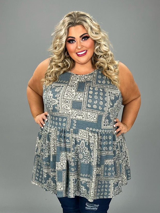 61 SV-B {You Can Rely On Me} Grey Paisley Print Tiered Top EXTENDED PLUS SIZE 3X 4X 5X