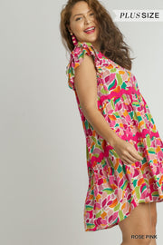 67 PSS {My Brightest Moment} Rose Pink Print Tiered Dress PLUS SIZE XL 1X 2X