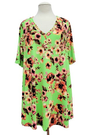 85 PSS {Dancing Thru Life} Neon Green Floral V-Neck Top EXTENDED PLUS SIZE 3X 4X 5X