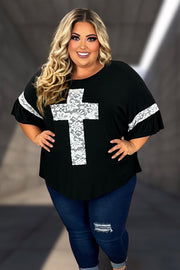 42 SD-Q {Mighty Cross} Black/Ivory Lace Cross & Sleeve Detail Top CURVY BRAND!!!  EXTENDED PLUS SIZE XL 2X 3X 4X 5X 6X (May Size Down 1 Size)