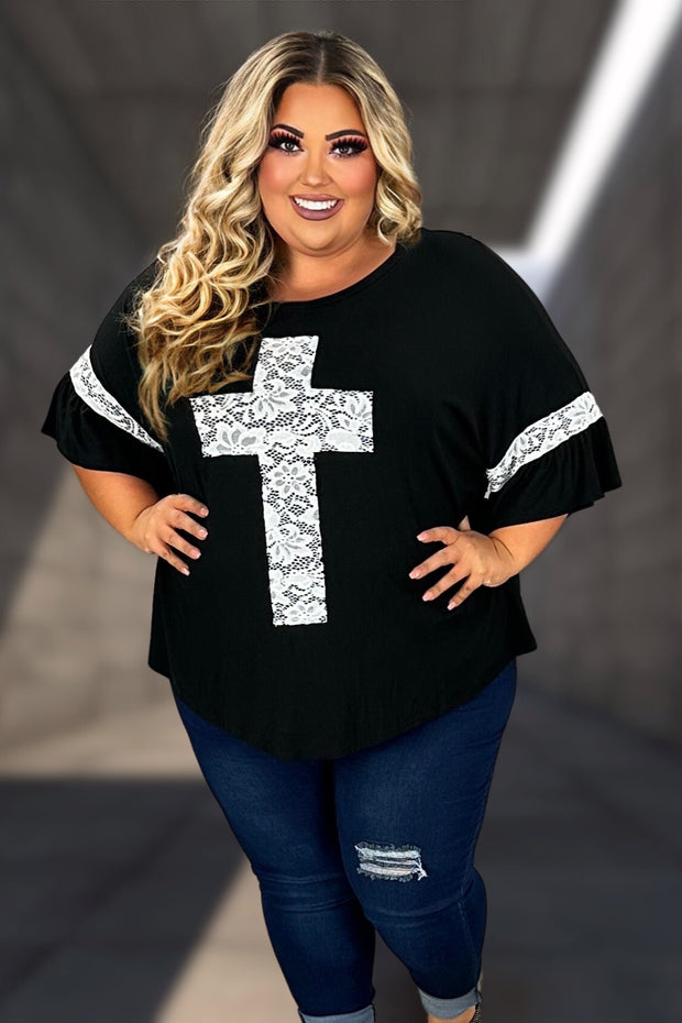 42 SD-Q {Mighty Cross} Black/Ivory Lace Cross & Sleeve Detail Top CURVY BRAND!!!  EXTENDED PLUS SIZE XL 2X 3X 4X 5X 6X (May Size Down 1 Size)