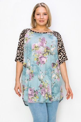 92 CP {Creating Interest} Dusty Mint Floral Leopard Tunic EXTENDED PLUS SIZE 3X 4X 5X