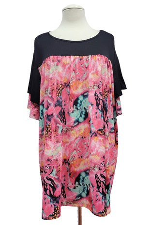 56 CP {On My Own} Fuchsia Print Tunic w/Black Contrast EXTENDED PLUS SIZE 3X 4X 5X