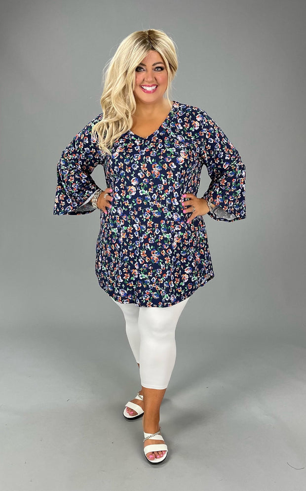 52 PQ-D {Wonder Of Floral} Navy Floral Printed Top EXTENDED PLUS SIZE 3X 4X 5X