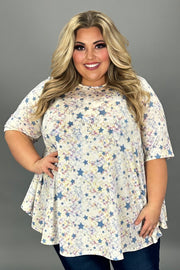 26 PSS-C {Clean Break} Ivory Blue Star Print Top EXTENDED PLUS SIZE 3X 4X 5X