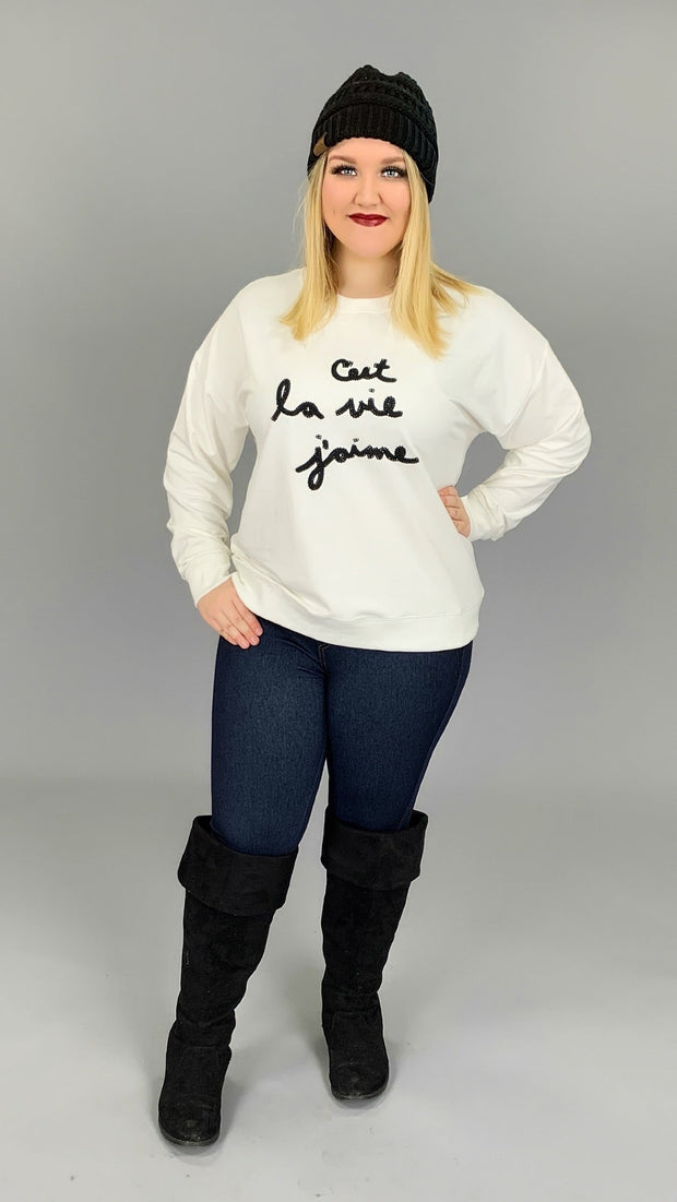 GT-L {That Is The Life I Love} Ivory Sweatshirt Black Stitching