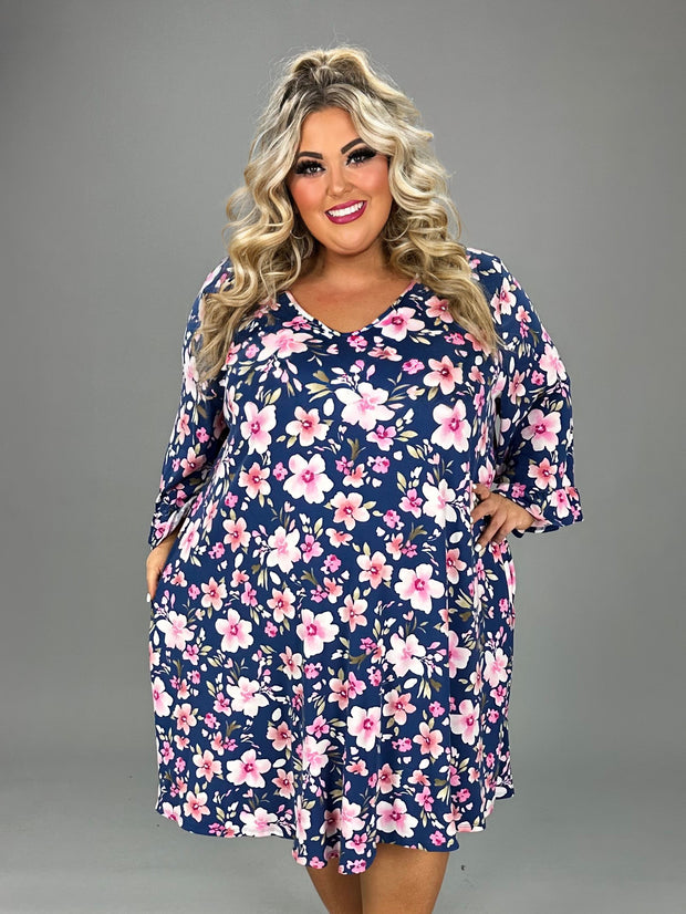 22 PQ-C {Pride And Joy} Navy Floral Print V-Neck Dress EXTENDED PLUS SIZE 4X 5X 6X