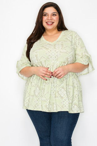 98 PSS {More Than Friends} Green Patchwork Print Top EXTENDED PLUS SIZE 1X 2X 3X 5X