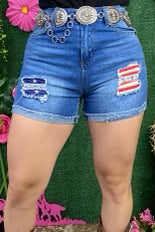 BT-E {Patriotic Patches} Distressed Denim Shorts w/Patriotic Patches PLUS SIZE 2X