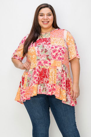 80 PSS {Love The Attention} Pink Floral Patchwork Top EXTENDED PLUS SIZE 3X 4X 5X