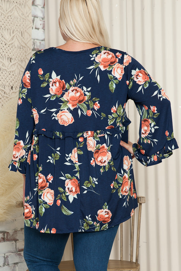 23 PQ {Watch Me Bloom} Navy Floral Ruffled Babydoll Top EXTENDED PLUS SIZE 3X 4X 5X