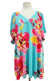 58 PSS {Feeling Tropical} Aqua Tropical Floral V-Neck Top EXTENDED PLUS SIZE 4X 5X 6X