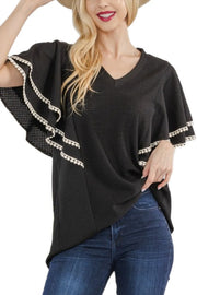 73 SD {No Issues Here} Black Textured Flutter Sleeve Top PLUS SIZE XL 2X 3X