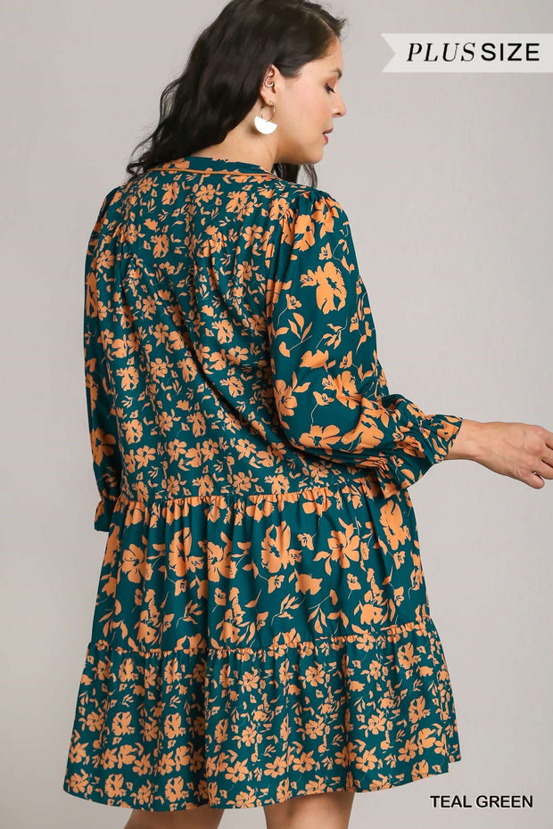 16 PQ {My Own Story} Umgee Teal Green Floral Tiered Dress PLUS SIZE XL 1X 2X