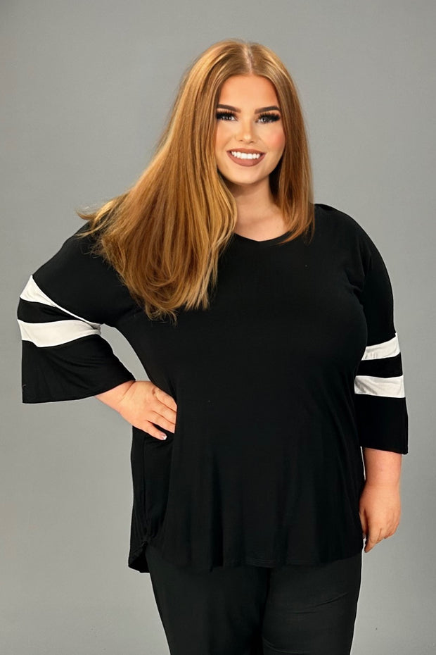 69 CP-R {Pleasantly Surprised} Black V-Neck Top w/Striped Sleeve PLUS SIZE XL 2X 3X
