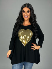 45 GT-B {My Heart is Golden} Black Tunic with Sequin Heart PLUS SIZE 1X 2X 3X