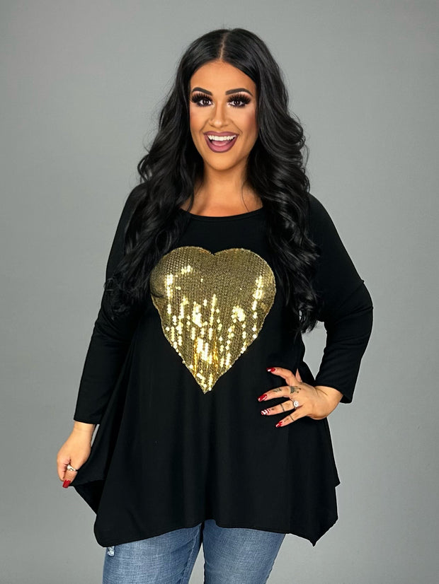 45 GT-B {My Heart is Golden} Black Tunic with Sequin Heart PLUS SIZE 1X 2X 3X