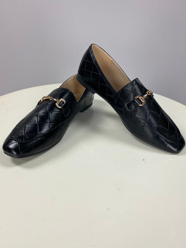 SHOES {YOKI} Black Woven Gold Buckle Flat Loafer