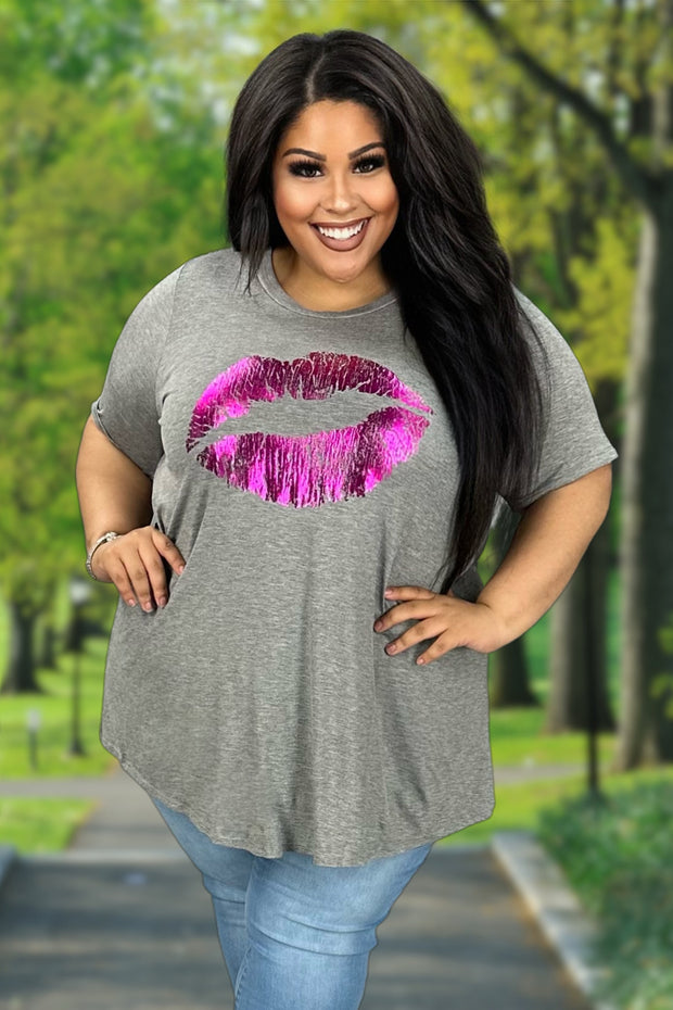 30 GT-P {Blowing Kisses} Heather Grey  Lips Graphic Tee  CURVY BRAND!!!  PLUS SIZE XL 2X 3X 4X 5X 6X